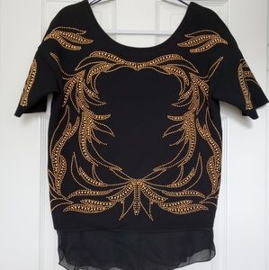 Zara Black Gold Studded Sheer Baroque Blouse Size Small